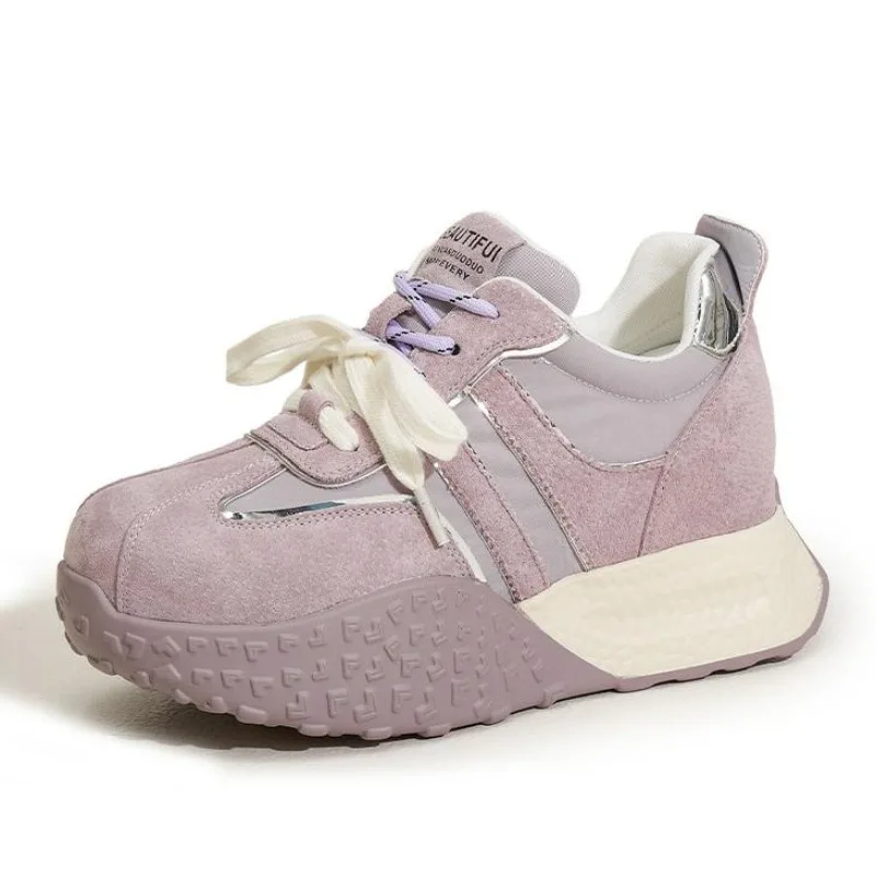 

8CM Suede Cow Genuine Leather New Spring Combat Chunky Sneakers Shoes Flats Booties Autumn Ankle Booties Women Platform Wedge