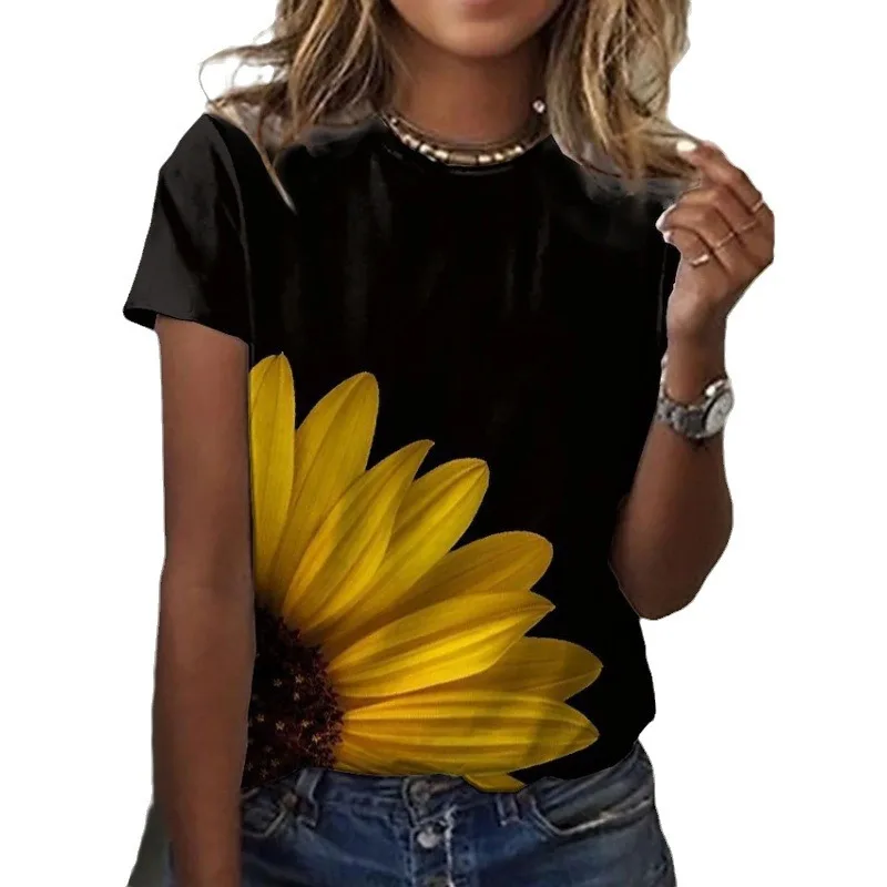 2024 New Product Explosive 3D Sunflower Flower Fashion Printed T-shirt Round Neck and Flower Printed Matte Women\'s T-shirt