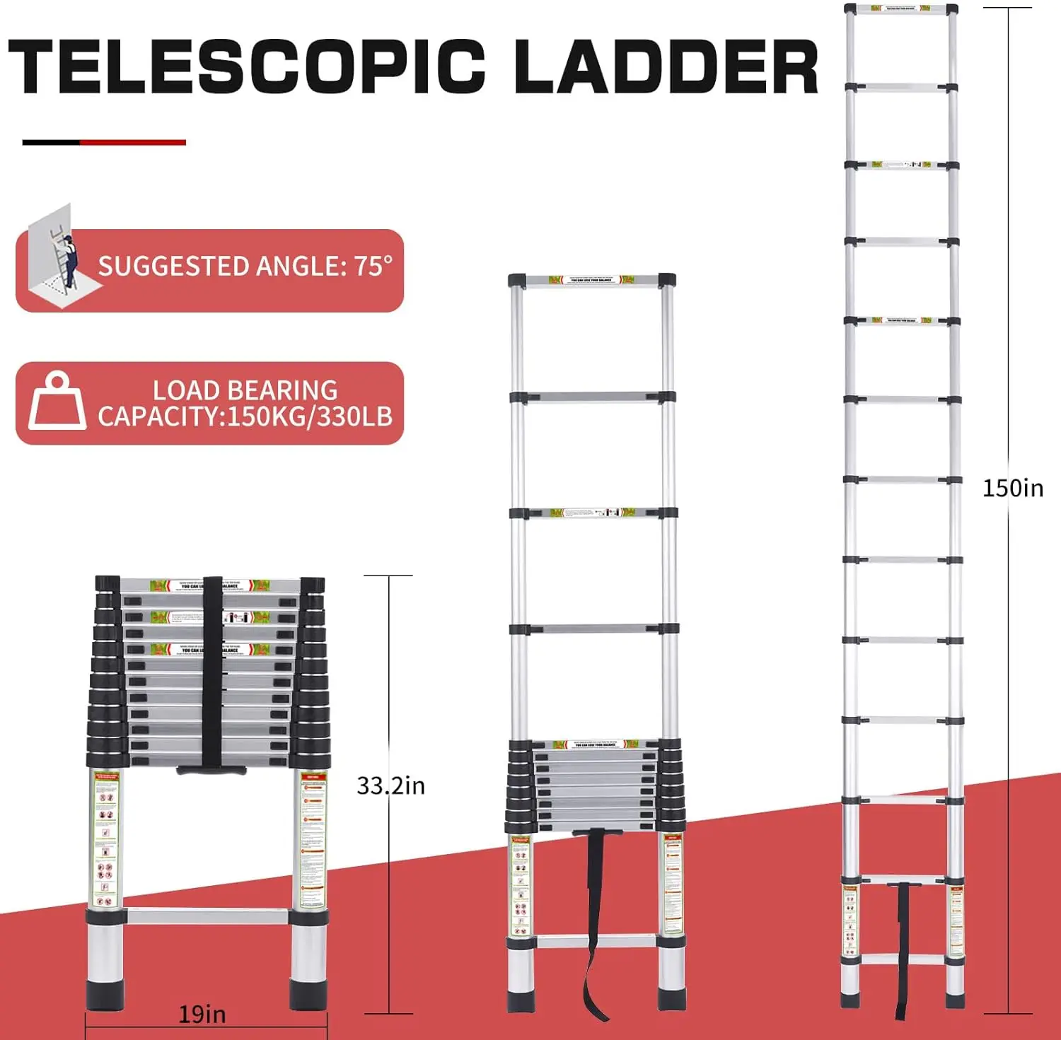 Telescopic Ladder, 12.5FT Aluminum Telescoping Ladder with Non-Slip Feet, Portable Extension Ladder for Household and Outdoor Wo