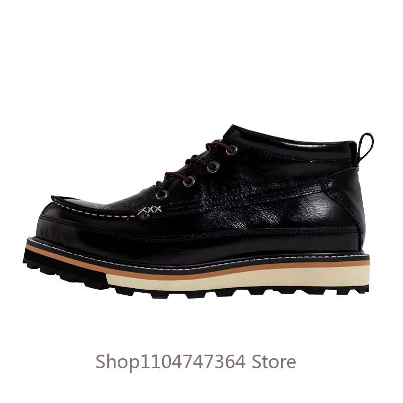 Luxury Cowhide High End Casual Thick Sole Shoes Men's Genuine Leather Boots Youth Handmade Work Business Platform Boots Male