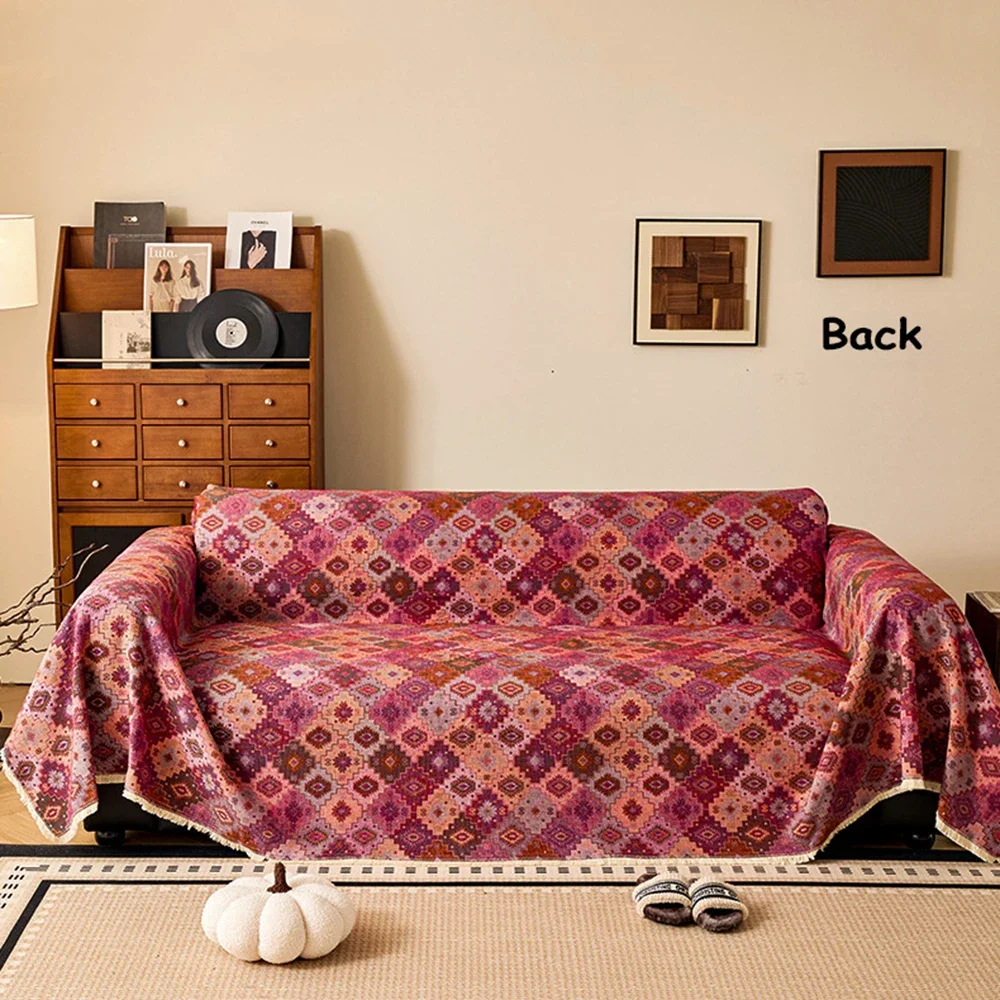 Bohemian Jacquard Cotton Linen Sofa Cover All-Season One-Piece Anti Scratch Sofa Towel Color Plaid Multifunctional Blanket