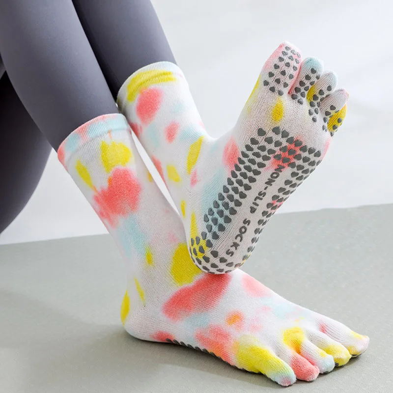 Yoga Socks Women Five Toe Cotton Tie-dyed Crew Silicone Non-slip Grip Pilates Sock