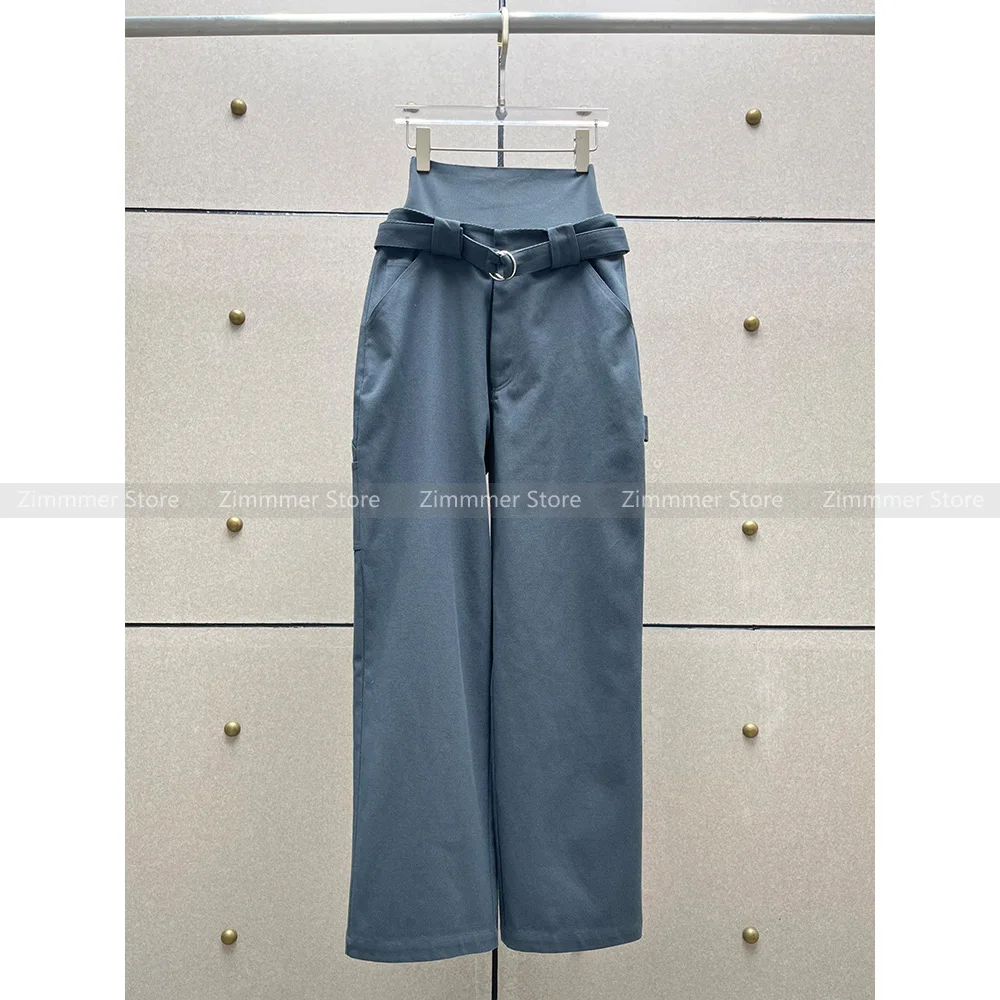 

Niche fashion temperament elastic drawstring waist splicing double waist casual straight pants pants female