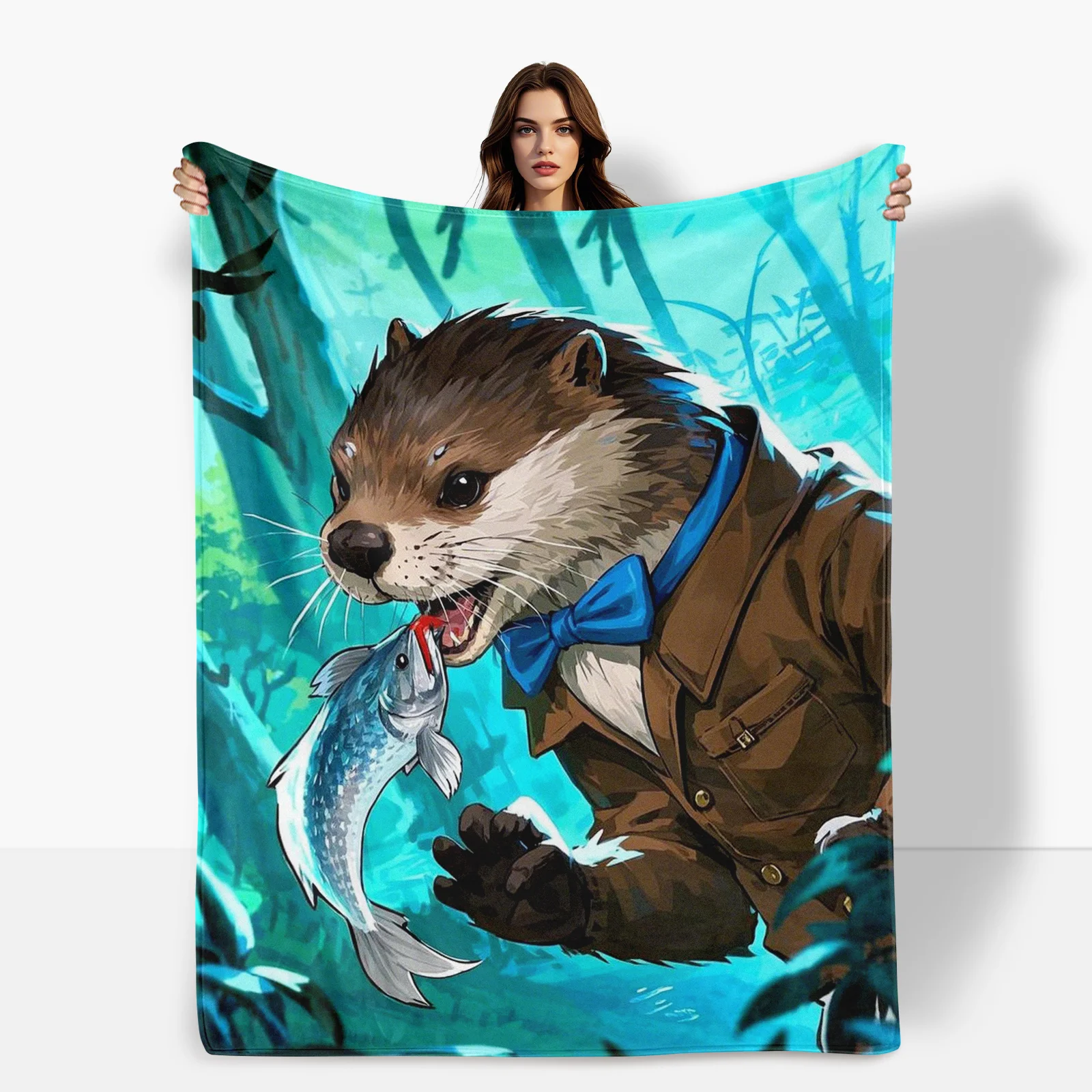 Otter Fish Forest Clothes And Bowtie Design Blanket For A Playful And Stylish Home Decor With Unique Artistic Charm