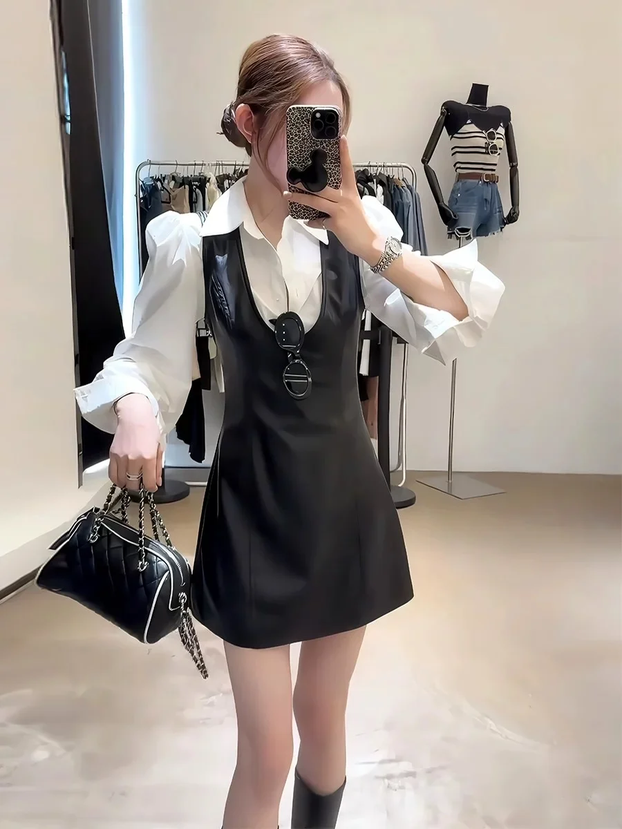 

Korean Sle irt Vest Skirt Set Women's Autumn Winter Faion High Waist Slim Fit Long Sve Collar Two Piece Outfit