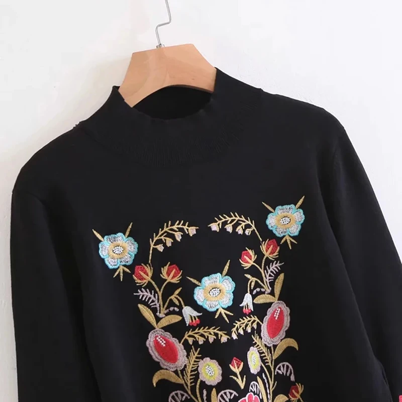 BPN Hit Color Patchwork Embroidery Knitting Sweaters For Women Turtleneck Long Sleeve Spliced Lace Up Pullover Sweater Female