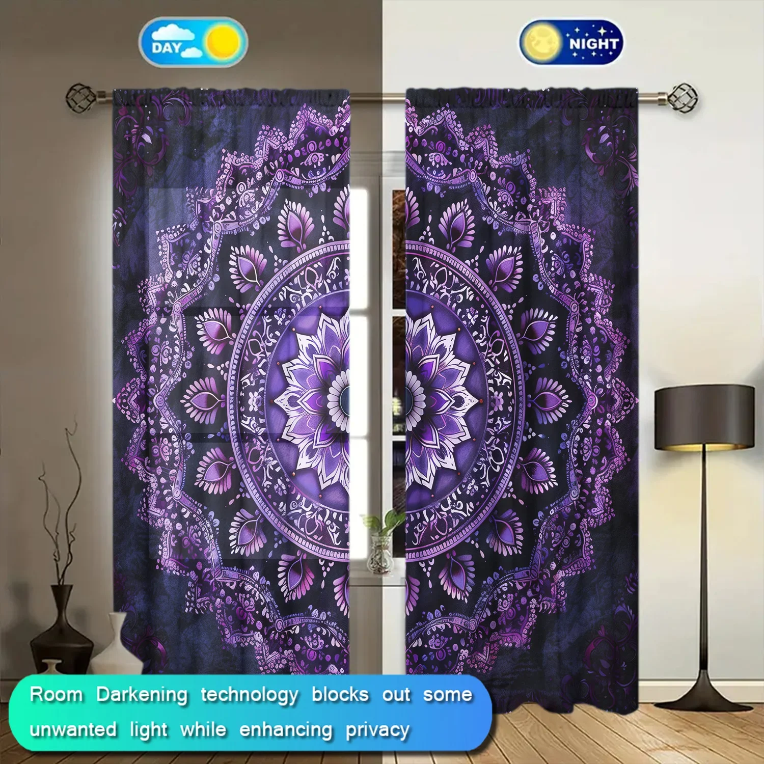 2pcs Purple Black Mandala Printed Curtain for Home Decor - Rod Pocket Window Treatment for Bedroom, Office, Kitchen, Living Room