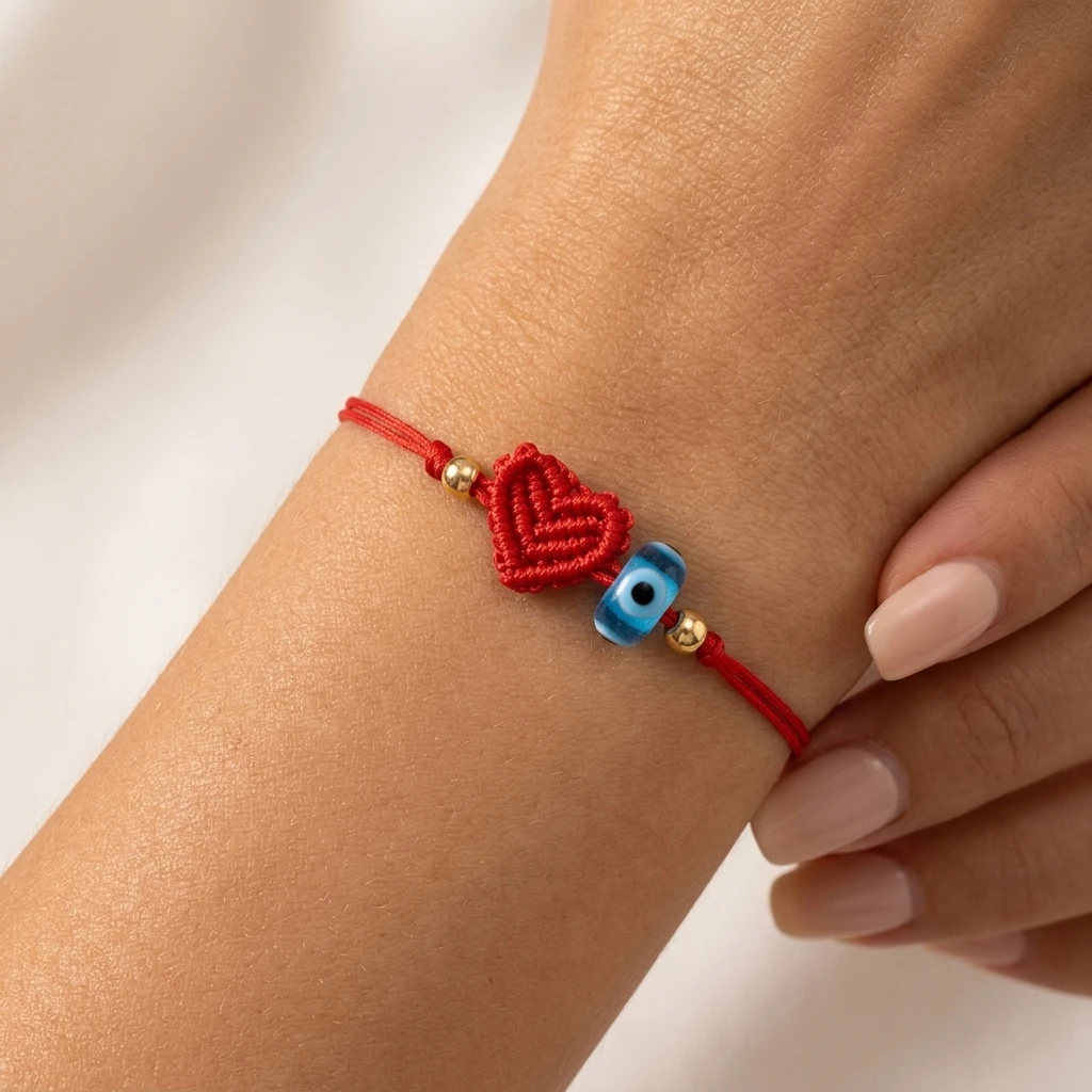 1pc Red Cotton Cord Bracelet with Woven Heart and Blue Eye Charm Tie Closure Sweet Romantic Style for Women Gift for Her