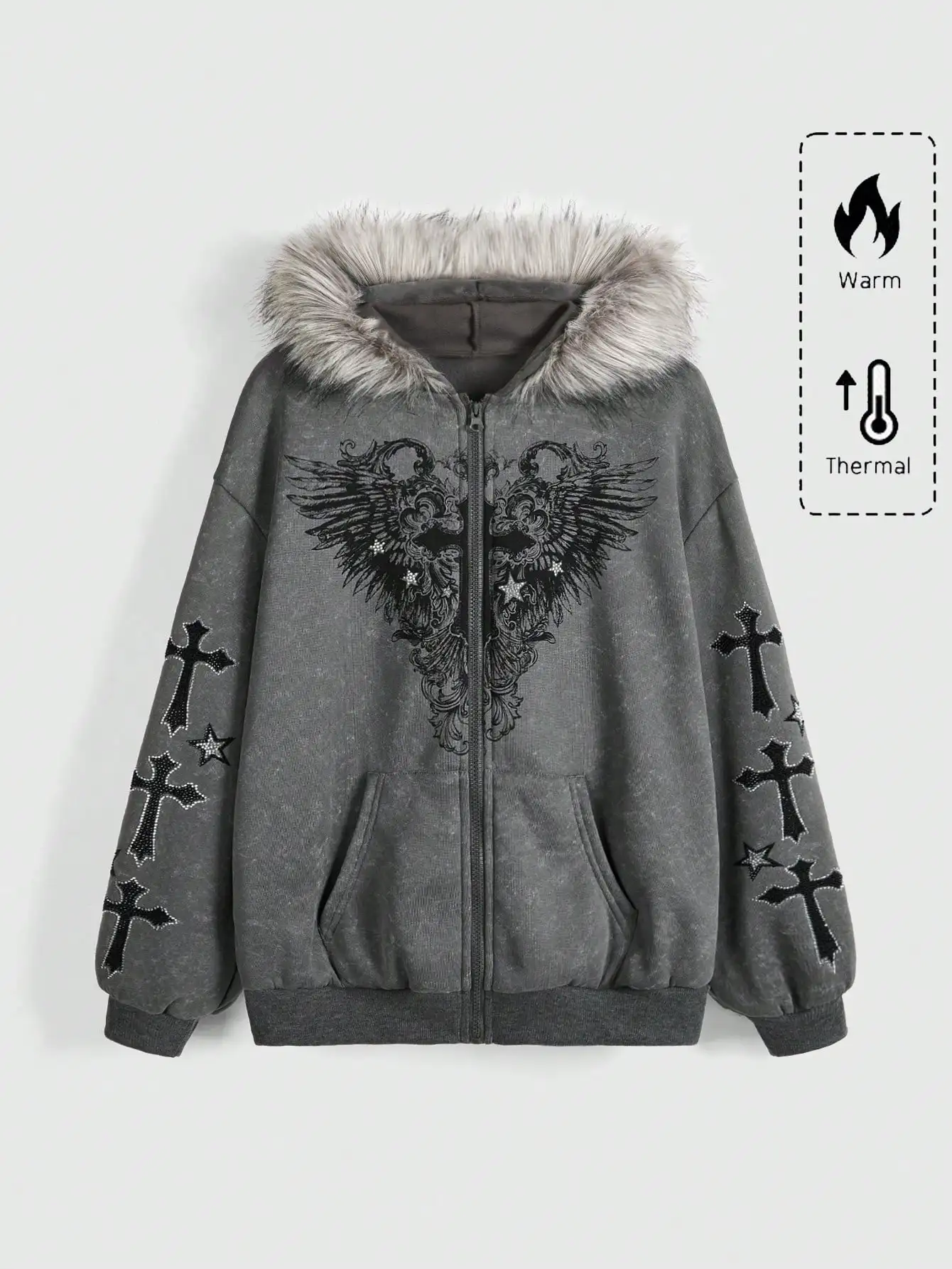 

Gothic Punk Hoodie with Angel Wings Print, Cross Rhinestones, Faux Fur Trim, Oversized Drop Shoulder