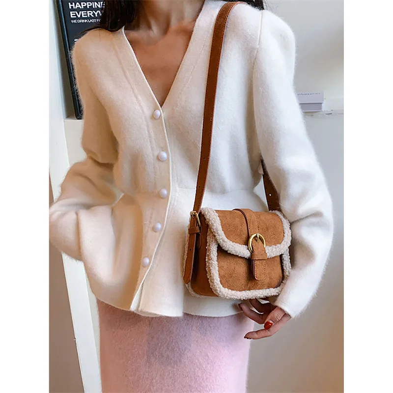 Maillard Style 2023 Winter Women New Crossbody Bag Faux Suede Lamb Wool Splice Shoulder Bags Niche Frosted Retro Mini Square Bag