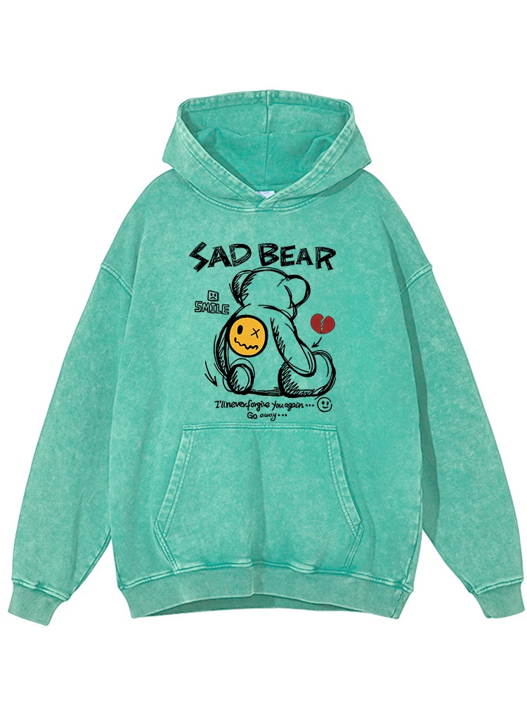 

Sad Bear Cartoon Bear Print Distressed Washed Cotton Hoodie Women Fashion Versatile Warm Autumn Hoodies Simple Loose Clothing