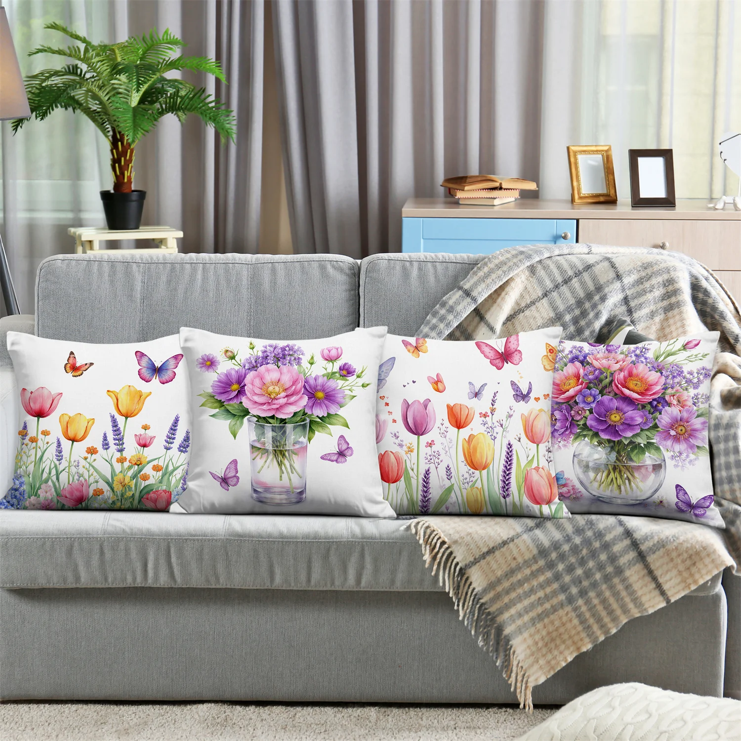 Vase of tulips and butterflies digital printing pillow cover Short plush Suitable living room bedrooms sofas throw cushion cover