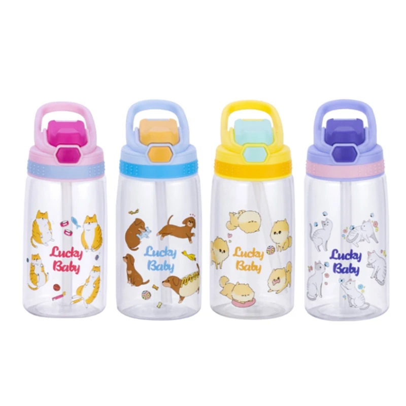 Cartoon Children\'s Water Bottle With Straw Leakproof Press Button Easy Open Water Bottle Children\'s Cups Kids Water Sippy Cup