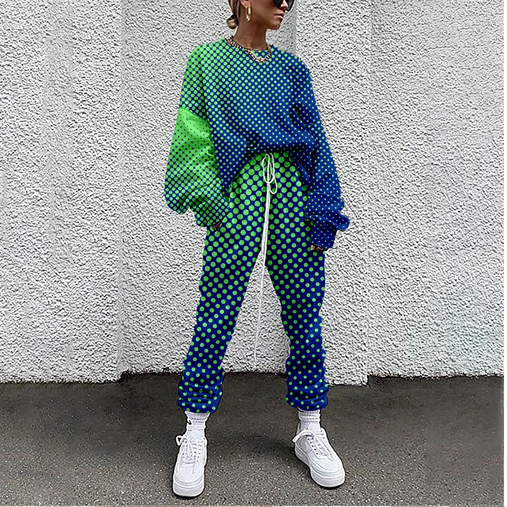 Women Tracksuit Pop Art Print 2 Piece Outfit Sweatshirt+Straight Sweatpants Matching Set Fitness Sporty Streetwear