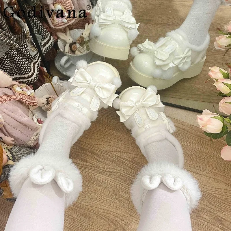 

Autumn Winter Fleece Lolita Thick Sole Platform Shoes College Style Japanese Original Sweet Cute Doll JK Girl Plush Single Shoes