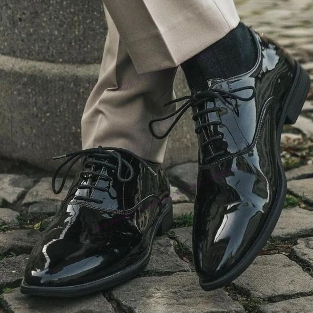 Black Business Men's Dress Shoes Patent Leather Chunky Heels Handmade Luxury Shoes Wedding Party Runway Shoes for Men Big Size