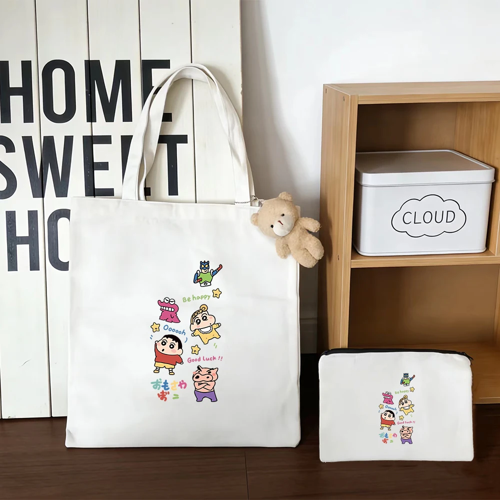 Juego de 3 Bolsas de Lona Personalizadas con Estampado de Personajes de la Serie Crayon Shinchan, para Estudiantes, de Gran Capacidad, con Asa al Hombro