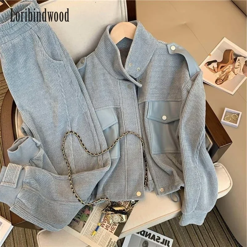 Grey Sport and Leisure Suit for Women Autumn Winter 2023Korean Version Retro Fashion Senior Seniority Age-reducing Two-piece Set