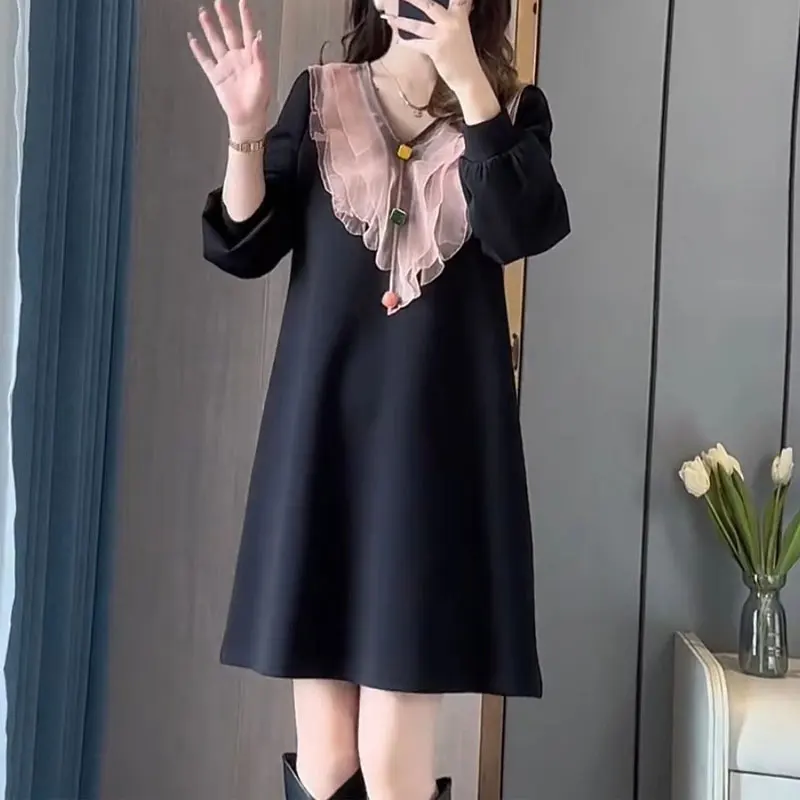 Commute Elegant Ruffles Spliced Midi Dress Button Spring Autumn Casual V-Neck Female Clothing Basic Long Sleeve A-Line Dresses