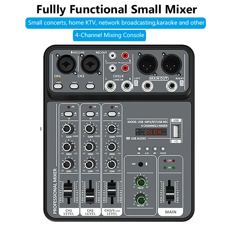 Professional Audio Mixer 4-channel Dj Mixing Console Met Bluetooth 48V Phantom Power Monitor Karaoke Systeem USB Mixer Audio