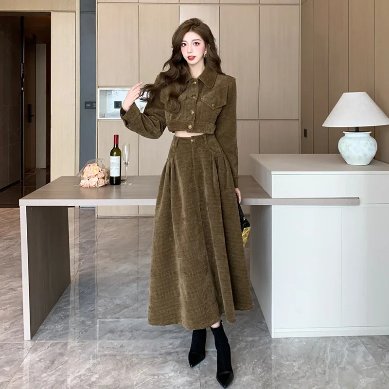 UNXX Fall/Winter Vintage Casual Short Corduroy Blazer Skirt Sets Solid Single-breasted Blazer A-line Skirt Two-piece Set Women's