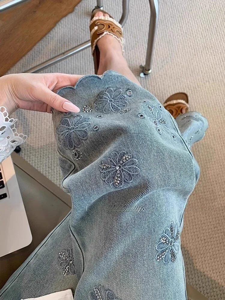 

Light Colored Retro Embroidered Skinny Jeans High Waist Slimming Design Spring Summer Thin Straight Leg Nine-Tenths Length
