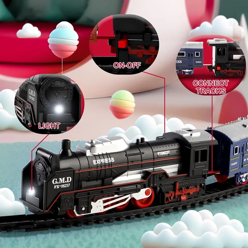 Christmas Train Set Toys for Kids with Lights Train Locomotive Engine Railway Kits Carriages Tracks Model Toddler Birthday Gifts