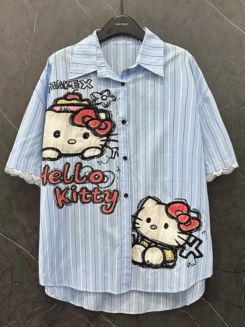 

Summer New Hello Kitty Blue Striped Short Sleeved Shirts for Women Loose Casual Sweet Streetwear Shirt Y2k Tops Women Clothes