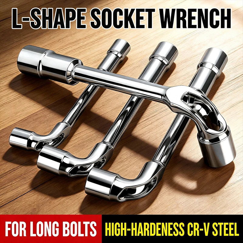 L‑Shape Socket Wrench CR‑V Steel Double End Through Hole Spanner For Long Bolts 6‑20mm