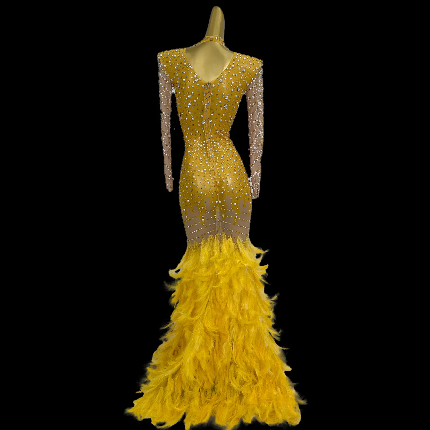 2024 European American Style Women Party Dress Pearl Rhinestone Mermaid Dress Yellow Feather Patchwork Trailing Long Skirt LTYM