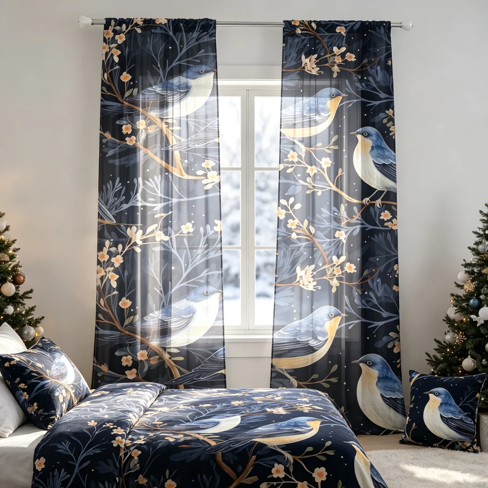 2PCS Sheer Curtains, Deep Blue Birds Flowers Print, Bedroom Living Room Window Drapes, Rod Pocket Polyester, Home Decor