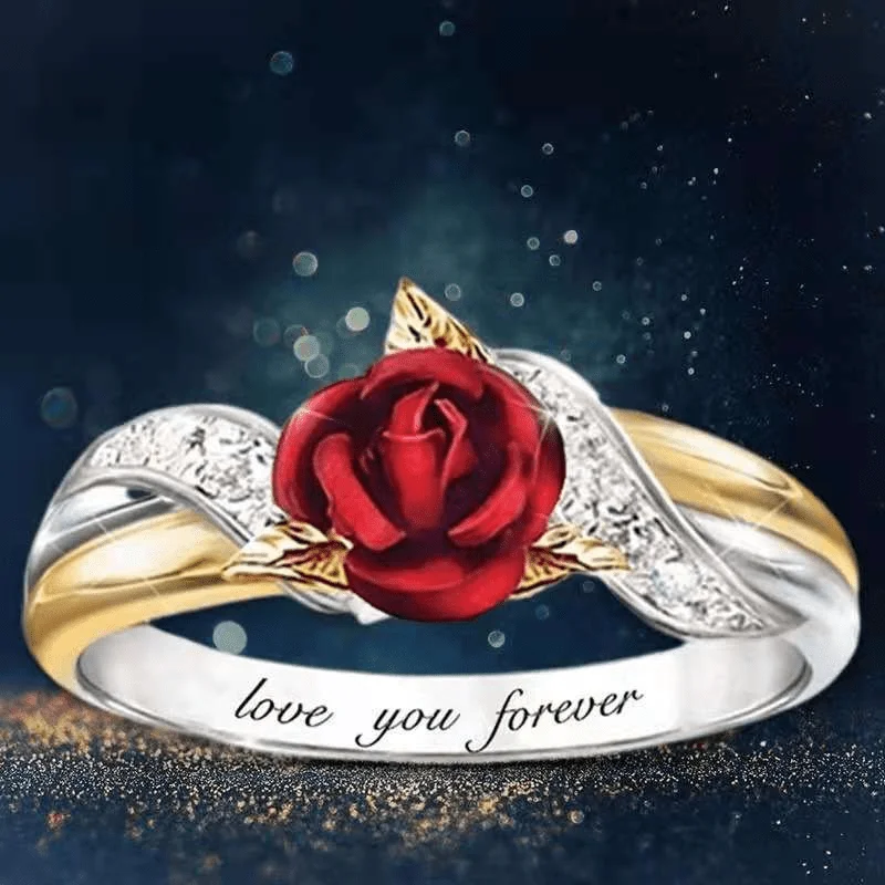 Elegant Red Color Rose Charm Ring Women Vintage-Inspired 'I Love You' Engraving Perfect Weddings Anniversaries  Valentine's Day