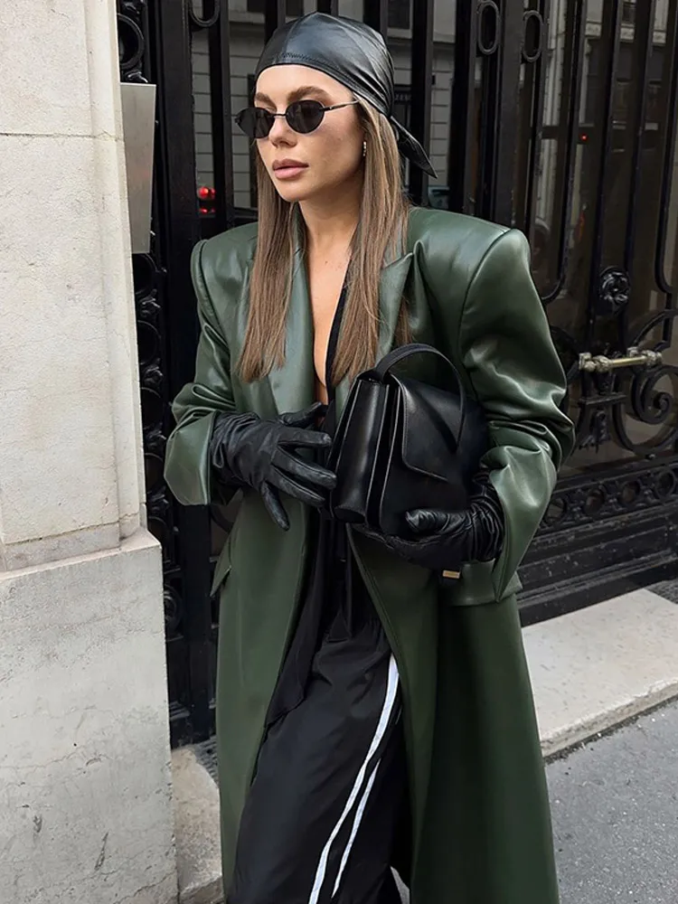 Veste Longue en Cuir Surdimensionnée pour Femme, Manteau Chic à Manches sulf, Vert Foncé, avec Poche, Streetwear