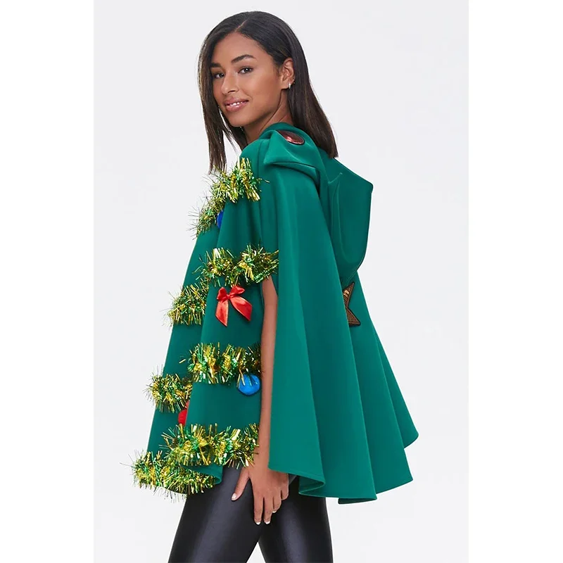 2024 Female New Year Xmas Tree Costume Holiday Cape Hooded Women Christmas Tree Poncho