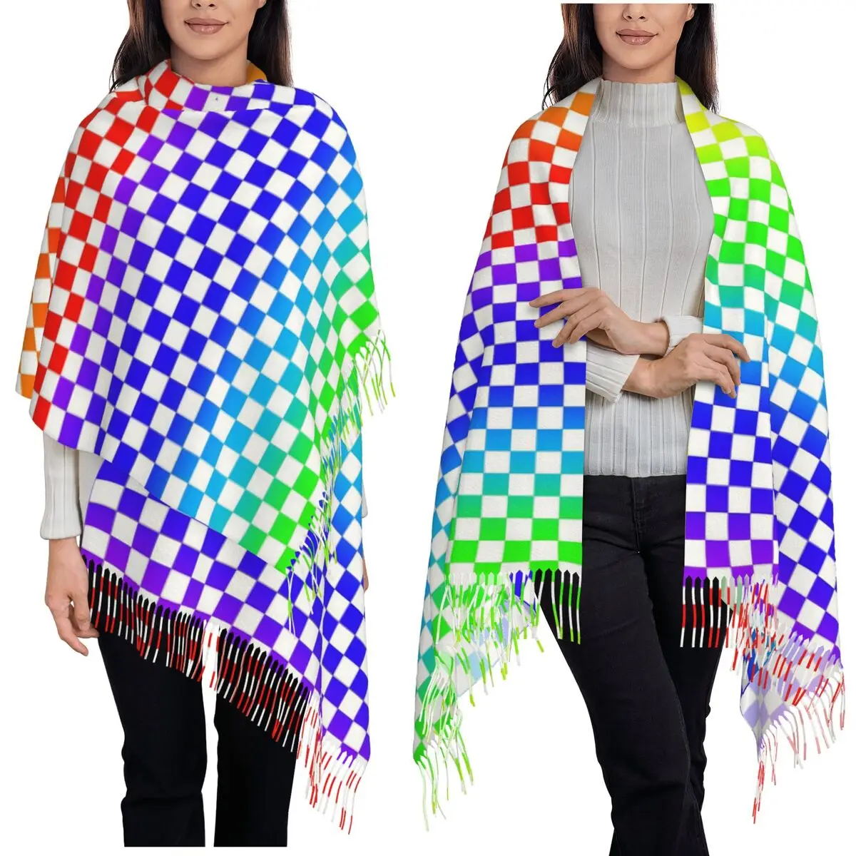 

Шарф в клетку с радужной шахматной доской, шарфы с кисточками для женщин, мягкие теплые шали и накидки, длинная осенне-зимняя шаль