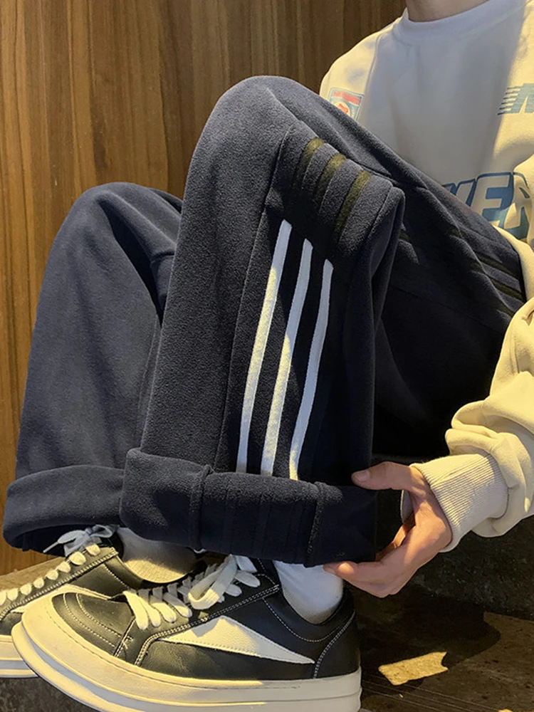 

Зимние брюки Thiened Fce, мужские повседневные брюки прямого кроя с широкими штанинами, свободные длинные брюки для подростков, длинные брюки в полоску с лоскутным шитьем