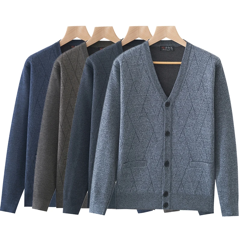 

Новинка 2025 года, мужской вязаный открытый кардиган с V-образным вырезом, свободный длинный повседневный базовый кардиган для среднего возраста и лет, весенне-осенняя одежда