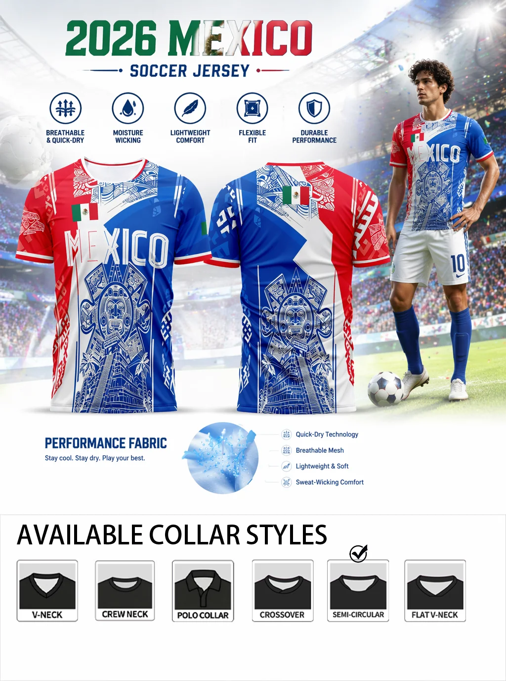 The Mexico soccer jersey with six collar selections suits match‑day support, workouts and everyday casual wear