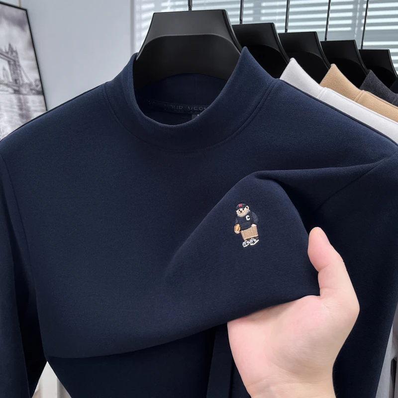 Double-Faced Dralon Man Long-Sleeved T-Shirt Crew Neck Bear Embroidery Autumn Winter Keep Warm Versatile Leisure Men's Clothing