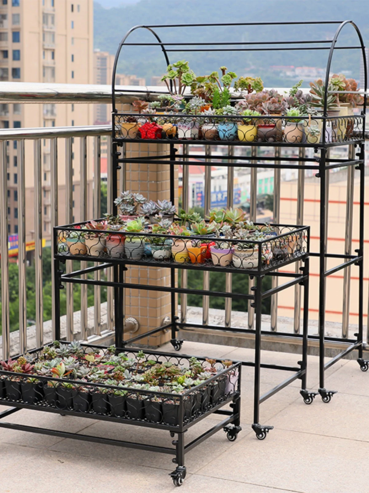 

Multi story iron art floor standing European style balcony with succulent flower racks and movable outdoor courtyard cart stora