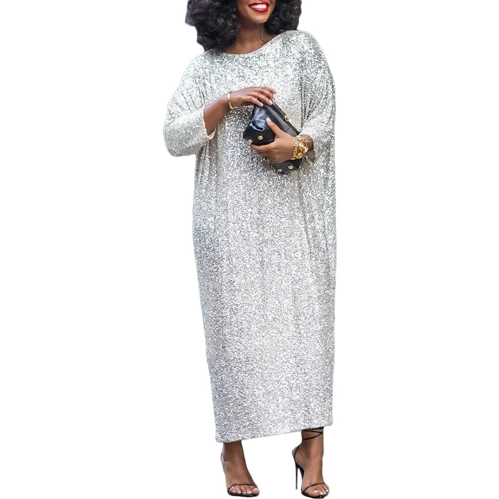 African Plus Dresses for Women Elegant African 3/4 Sleeve O-neck Silver Long Party Evening Maxi Dress Dashiki African Clothing