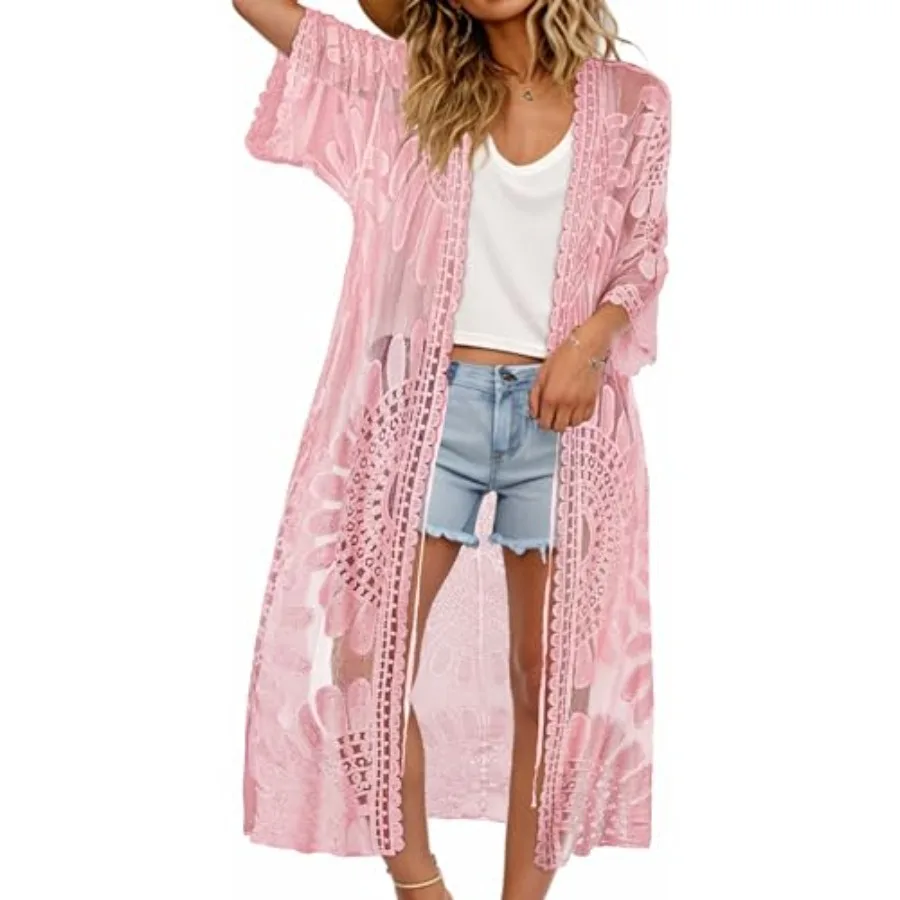 

CHICGAL Womens Swimsuit Coverup Lace Bathing Suit Cover Up Beach Kimonos Long Cardigan Open Front Swimwear