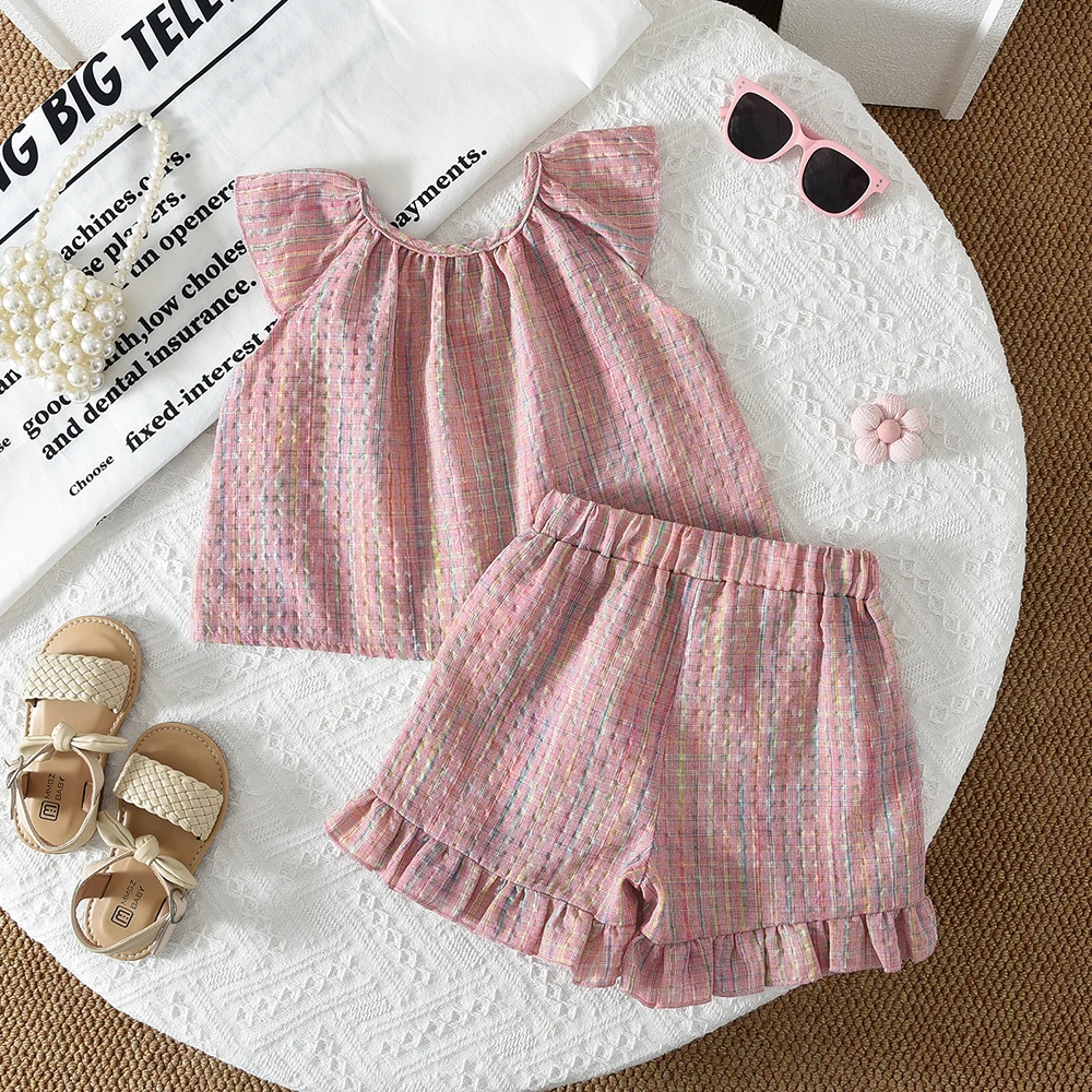 Bär Führer Koreanische Version Blumen Plaid Print Fly Sleeve Shirt Tops + Shorts 2Pcs Casual Kinder Kleidung1-5 jahre Sommer Mädchen Anzug – Detail 9
