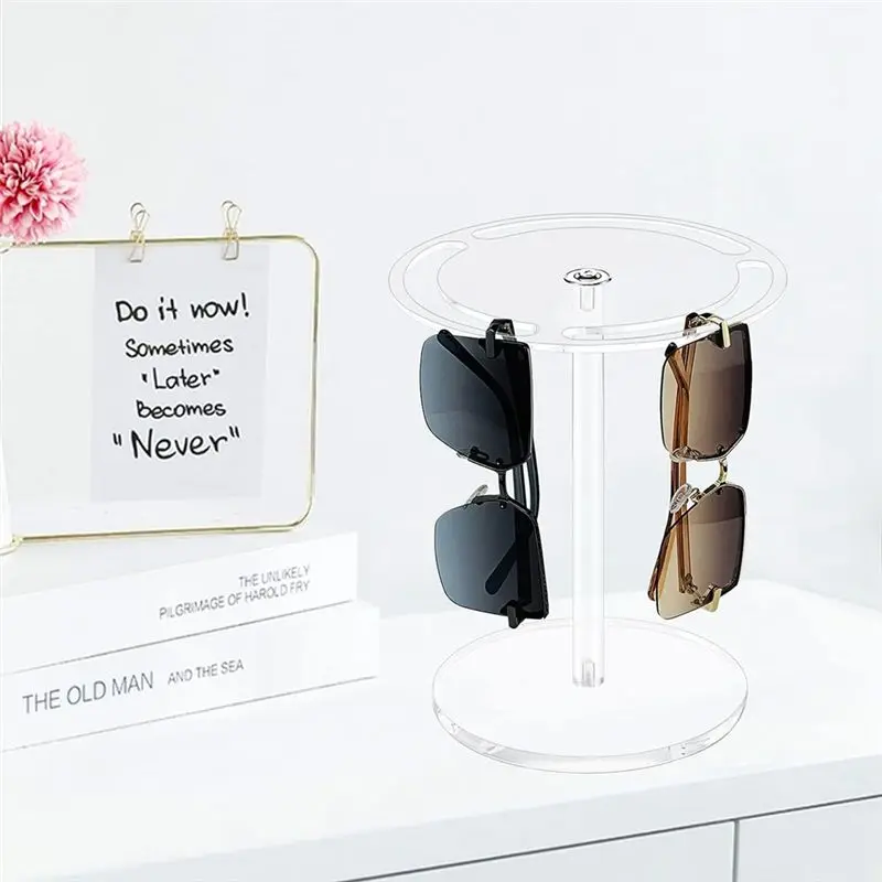 DT39 Acrylic Eyeglasses Display Rack, 360 Rotating Sunglass Organizer Stand, Clear Eyewear Tabletop Hanging Organizer for Home