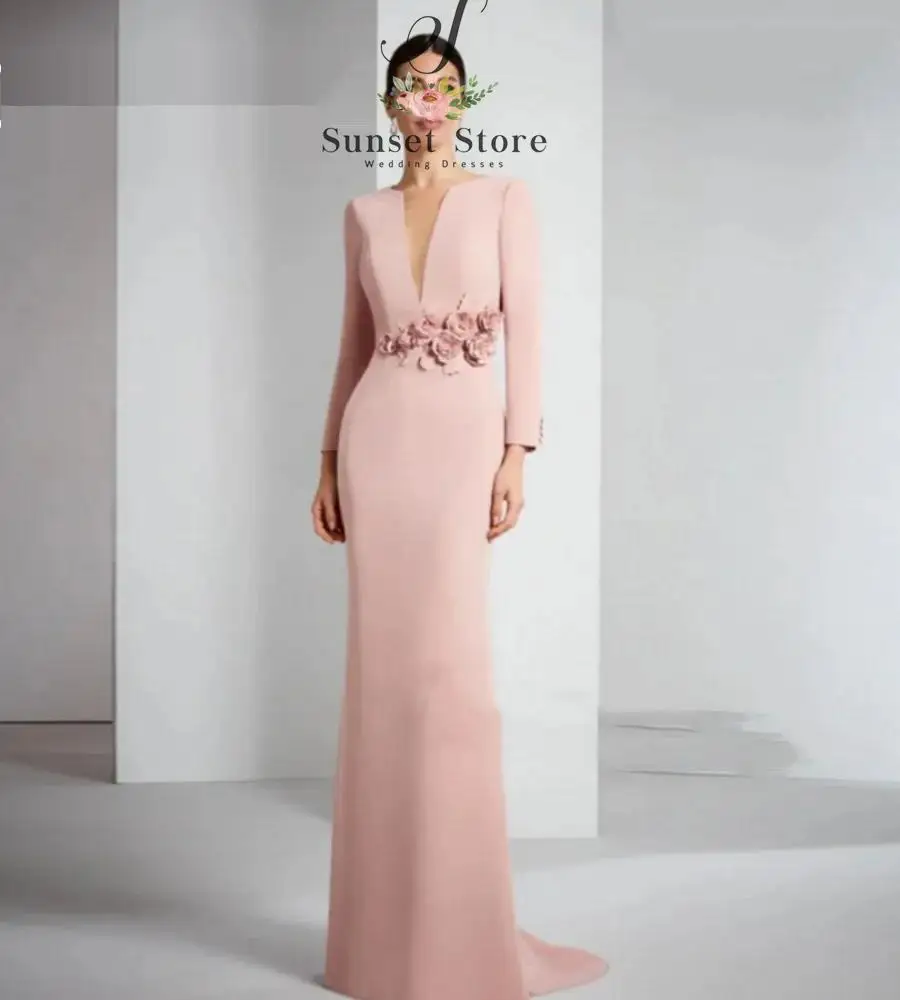 Customized   Long Sleeve Mother Of The Bride Dresses Pink Satin Wedding Party Dress 3D Flower Court Train Prom Dresses Custom Ev
