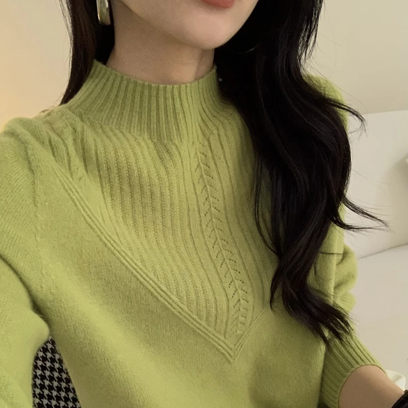 Women's Half Turtleneck 100% Merino Wool Fashion Striped Soft Pullover Women's New Solid Color Top For Autumn/Winter 2024