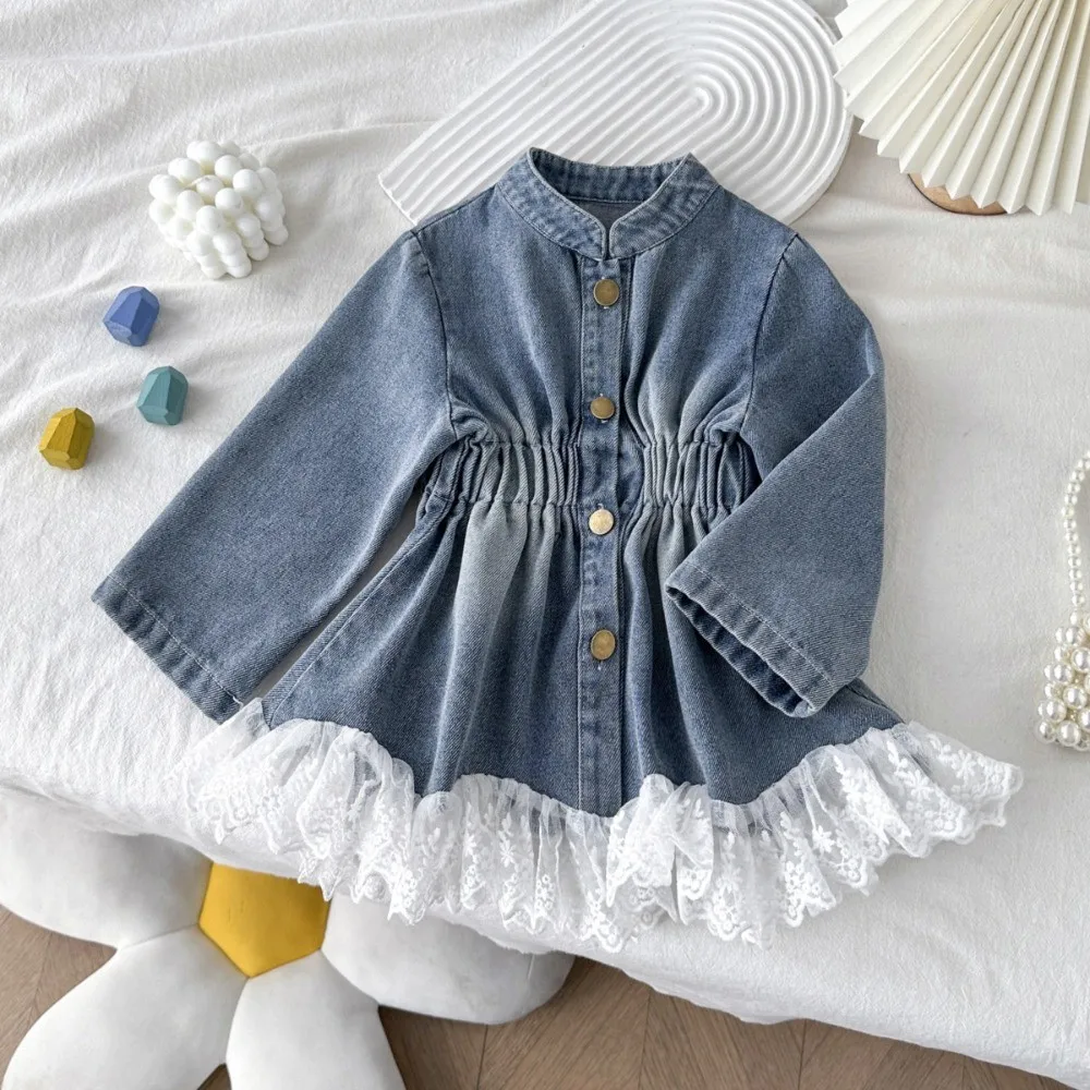 2-8 Year Old Girl Casual Denim Long Sleeved Single Breasted Lace Denim Jacket Fashionable Street Style Spring and Autumn New