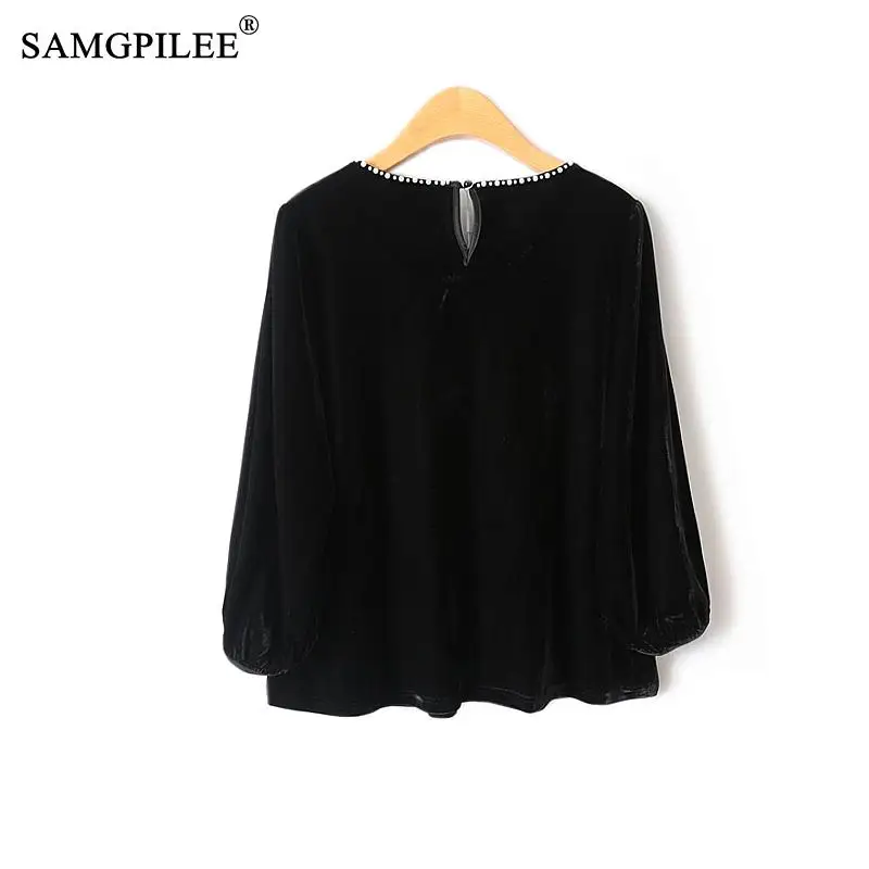 2024 New Autumn T-shirts Pearl Gold Velvet Neckline Light Luxury Three Quarter Sleeve Lantern Sleeve Loose Top Bottoming Shirts