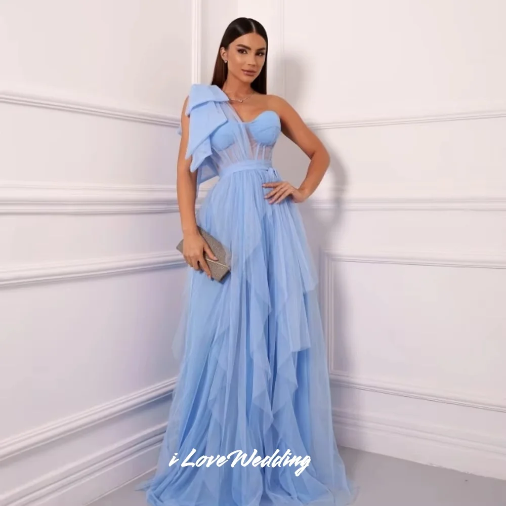 Синее вечернее платье на одно плечо 2025 с бантом в форме сердца, без рукавов, с открытой спиной, трапециевидной формы длиной до пола, плиссированное свадебное платье по индивидуальному заказу