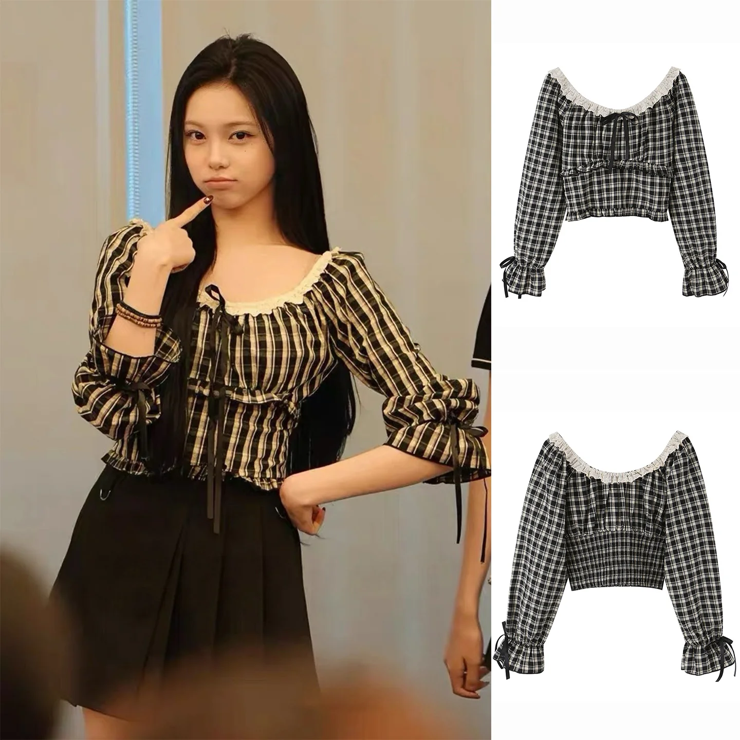 Retro Style Women's Shirt Summer New Arrival Gathered Waist Long Sleeve round Neck  Knot Tie Waist Slimming Plaid Top